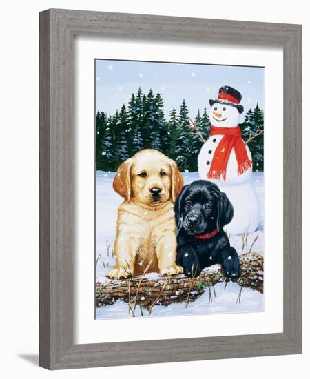 Lab Puppies with Snowman-William Vanderdasson-Framed Giclee Print