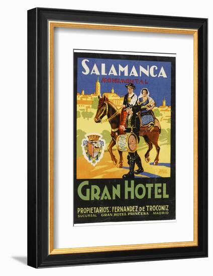 Label from the Gran Hotel, Salamanca (Spain) Featuring Typical Spanish Folklore Figures-null-Framed Photographic Print