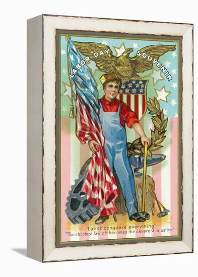 Labor Day Souvenir Labor Holding US Flag and Sledgehammer-Lantern Press-Framed Stretched Canvas