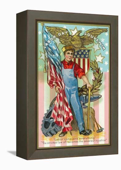 Labor Day Souvenir Labor Holding US Flag and Sledgehammer-Lantern Press-Framed Stretched Canvas