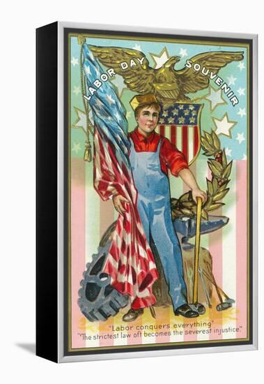 Labor Day Souvenir Labor Holding US Flag and Sledgehammer-Lantern Press-Framed Stretched Canvas