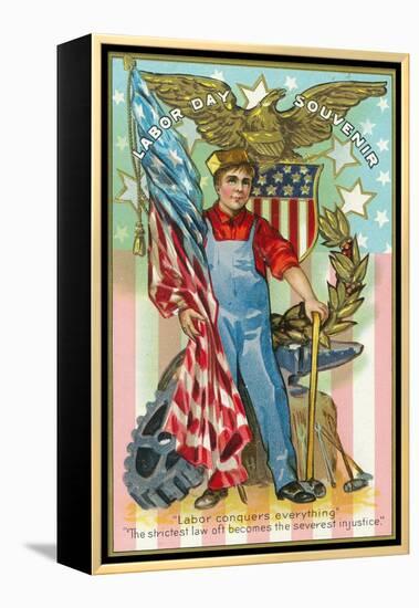 Labor Day Souvenir Labor Holding US Flag and Sledgehammer-Lantern Press-Framed Stretched Canvas