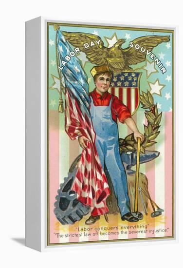 Labor Day Souvenir Labor Holding US Flag and Sledgehammer-Lantern Press-Framed Stretched Canvas