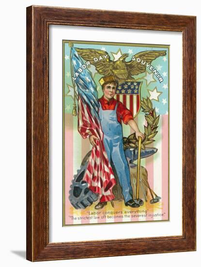 Labor Day Souvenir Labor Holding US Flag and Sledgehammer-Lantern Press-Framed Art Print