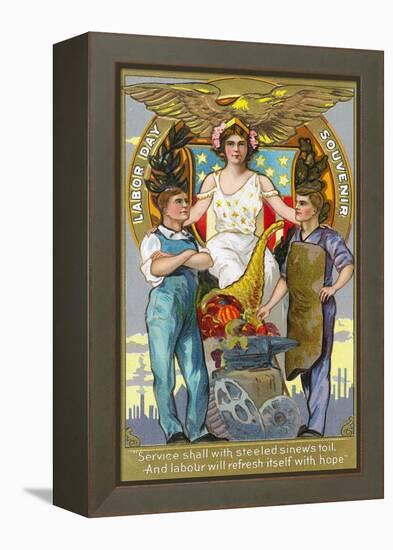 Labor Day Souvenir Laborers with Lady Justice-Lantern Press-Framed Stretched Canvas