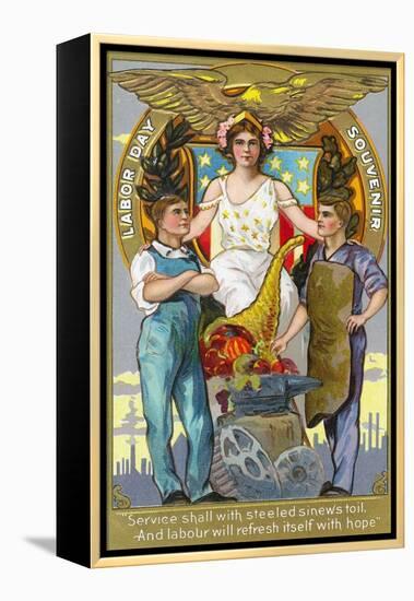 Labor Day Souvenir Laborers with Lady Justice-Lantern Press-Framed Stretched Canvas
