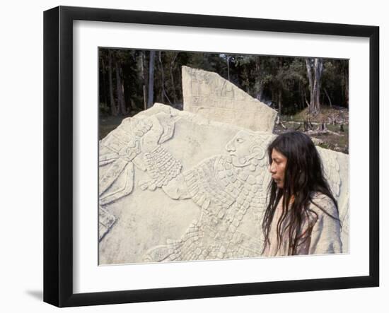 Lacandon Indian from Bonampak in Front of Mayan Stele, Mexico, North America-Robert Cundy-Framed Photographic Print