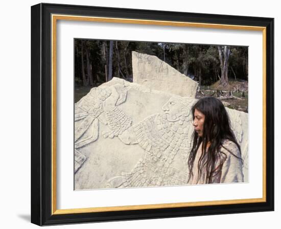 Lacandon Indian from Bonampak in Front of Mayan Stele, Mexico, North America-Robert Cundy-Framed Photographic Print