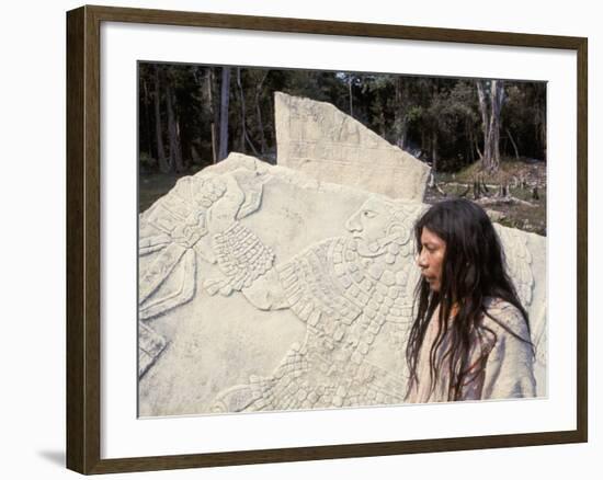 Lacandon Indian from Bonampak in Front of Mayan Stele, Mexico, North America-Robert Cundy-Framed Photographic Print