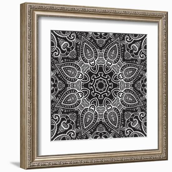 Lace Background: White on Black, Mandala-Katyau-Framed Art Print