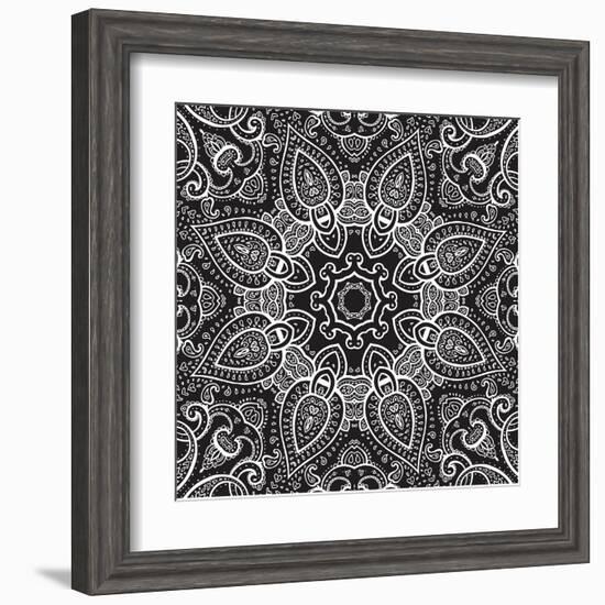 Lace Background: White on Black, Mandala-Katyau-Framed Art Print