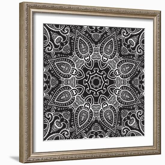 Lace Background: White on Black, Mandala-Katyau-Framed Art Print