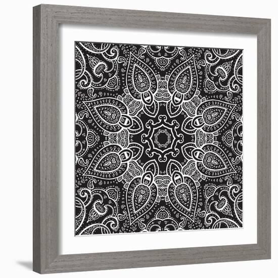 Lace Background: White on Black, Mandala-Katyau-Framed Art Print