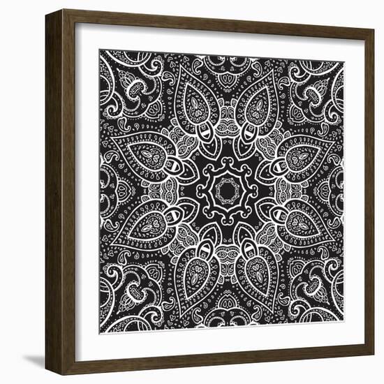 Lace Background: White on Black, Mandala-Katyau-Framed Art Print