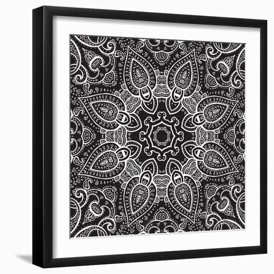 Lace Background: White on Black, Mandala-Katyau-Framed Art Print