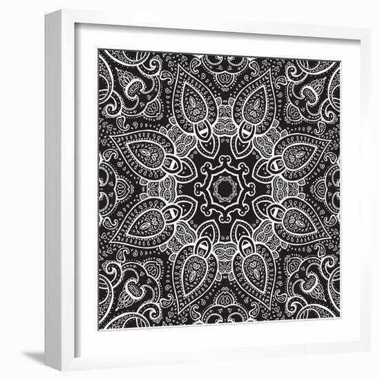 Lace Background: White on Black, Mandala-Katyau-Framed Art Print