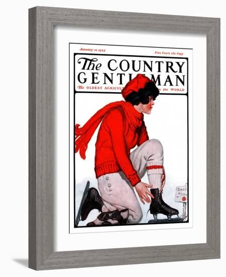 "Lacing Her Skates," Country Gentleman Cover, January 10, 1925-Remington Schuyler-Framed Giclee Print