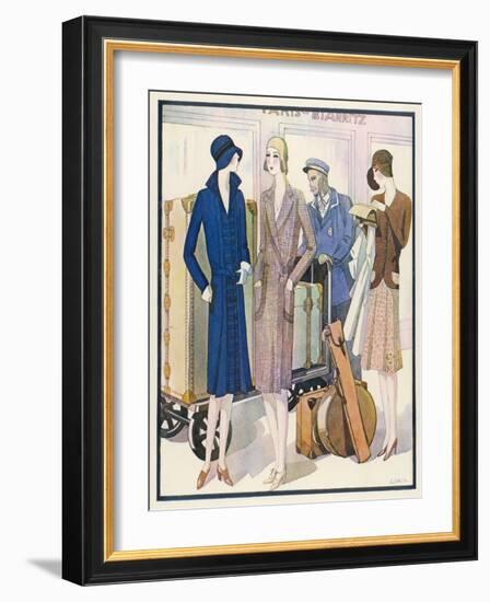 Ladies and Their Luggage Wait on the Platform for a Porter-G. Sacy-Framed Art Print