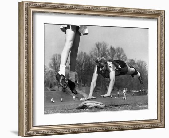 Ladies Softball Player Diving for Third Base, Atlanta, Georgia, 1955-null-Framed Photo