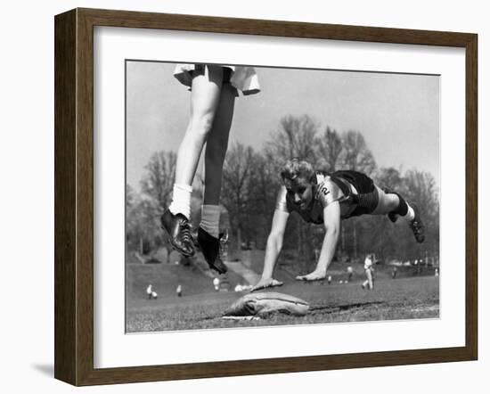 Ladies Softball Player Diving for Third Base, Atlanta, Georgia, 1955-null-Framed Photo