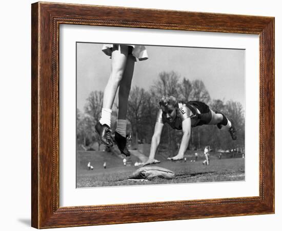 Ladies Softball Player Diving for Third Base, Atlanta, Georgia, 1955-null-Framed Photo