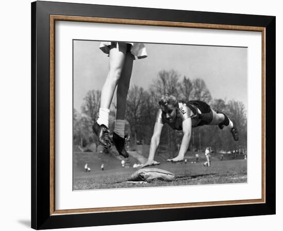 Ladies Softball Player Diving for Third Base, Atlanta, Georgia, 1955-null-Framed Photo