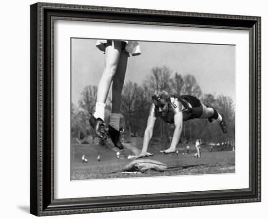 Ladies Softball Player Diving for Third Base, Atlanta, Georgia, 1955-null-Framed Photo