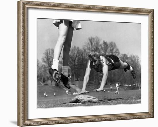 Ladies Softball Player Diving for Third Base, Atlanta, Georgia, 1955-null-Framed Photo