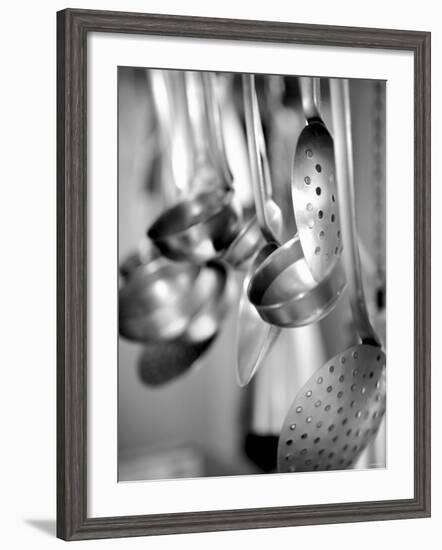 Ladles and Slotted Spoons Hanging up in a Kitchen-Huw Jones-Framed Photographic Print