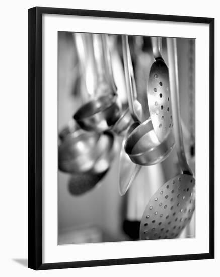 Ladles and Slotted Spoons Hanging up in a Kitchen-Huw Jones-Framed Photographic Print