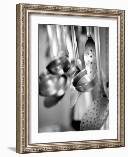 Ladles and Slotted Spoons Hanging up in a Kitchen-Huw Jones-Framed Photographic Print