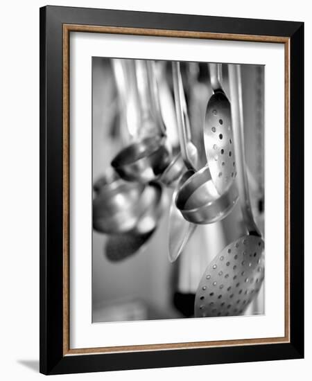 Ladles and Slotted Spoons Hanging up in a Kitchen-Huw Jones-Framed Photographic Print