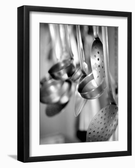 Ladles and Slotted Spoons Hanging up in a Kitchen-Huw Jones-Framed Photographic Print