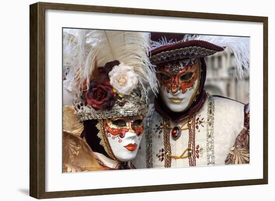 Lady and Gentleman in Red and White Masks, Venice Carnival, Venice, Veneto, Italy, Europe-James Emmerson-Framed Photographic Print