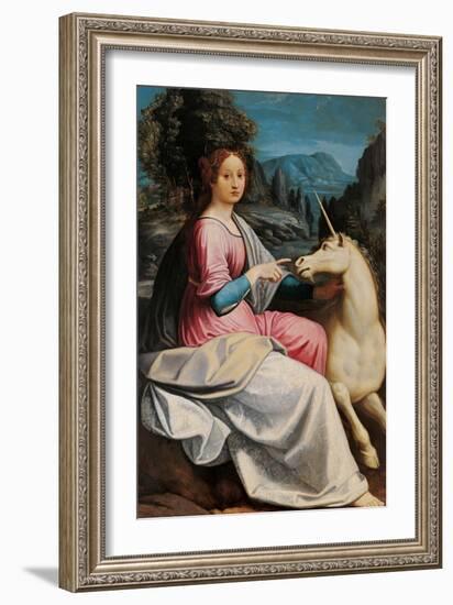 Lady and the Unicorn (probably Giulia Farnese)-Luca Longhi-Framed Art Print