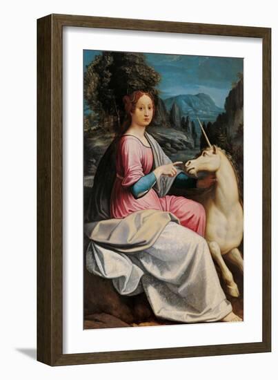 Lady and the Unicorn (probably Giulia Farnese)-Luca Longhi-Framed Art Print