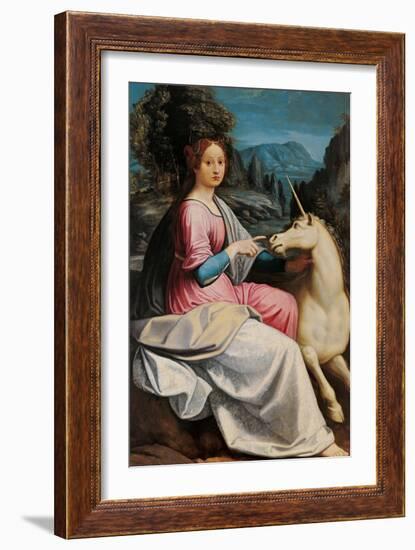 Lady and the Unicorn (probably Giulia Farnese)-Luca Longhi-Framed Art Print