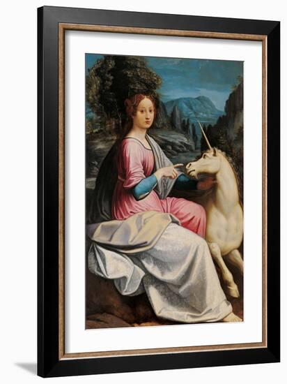 Lady and the Unicorn (probably Giulia Farnese)-Luca Longhi-Framed Art Print