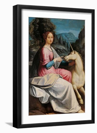 Lady and the Unicorn (probably Giulia Farnese)-Luca Longhi-Framed Art Print