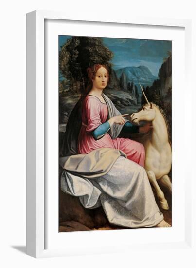 Lady and the Unicorn (probably Giulia Farnese)-Luca Longhi-Framed Art Print