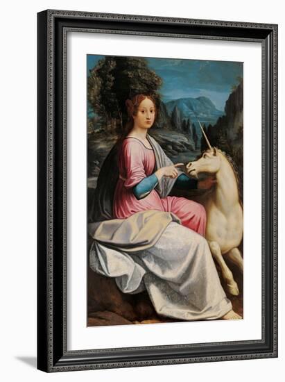 Lady and the Unicorn (probably Giulia Farnese)-Luca Longhi-Framed Art Print