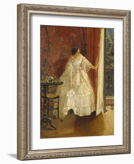 Lady at a Window Feeding Birds, circa 1859-Alfred Emile Léopold Stevens-Framed Giclee Print