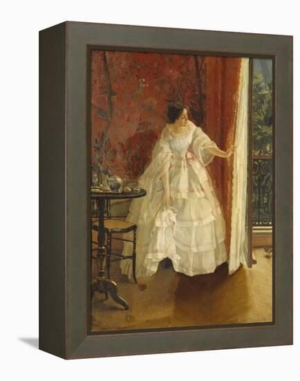 Lady at a Window Feeding Birds, circa 1859-Alfred Emile Léopold Stevens-Framed Premier Image Canvas