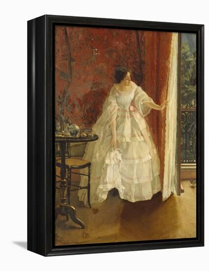 Lady at a Window Feeding Birds, circa 1859-Alfred Emile Léopold Stevens-Framed Premier Image Canvas