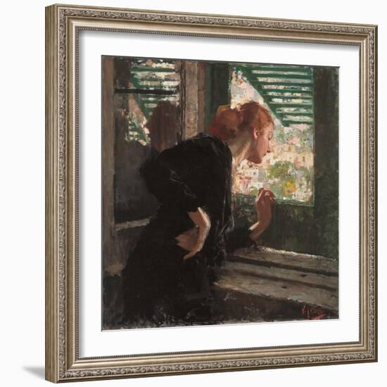 Lady at a Window, (Oil on Canvas)-Vicenzo Irolli-Framed Giclee Print