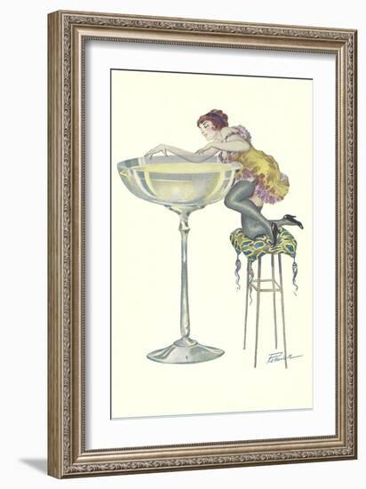 Lady Climbing into Champagne Glass-null-Framed Art Print