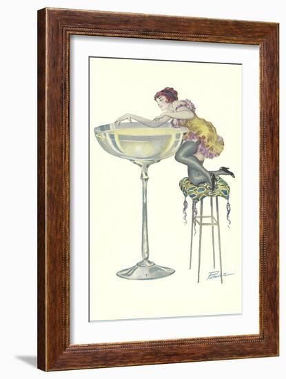 Lady Climbing into Champagne Glass--Framed Art Print