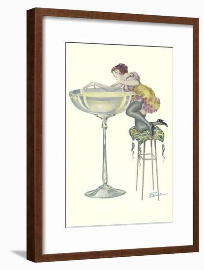 Lady Climbing into Champagne Glass-null-Framed Art Print