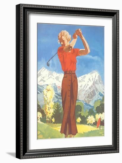 Lady Golfing in the Mountains-null-Framed Premium Giclee Print