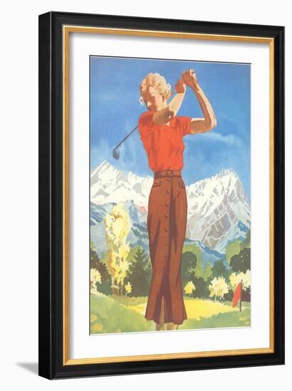 Lady Golfing in the Mountains-null-Framed Art Print